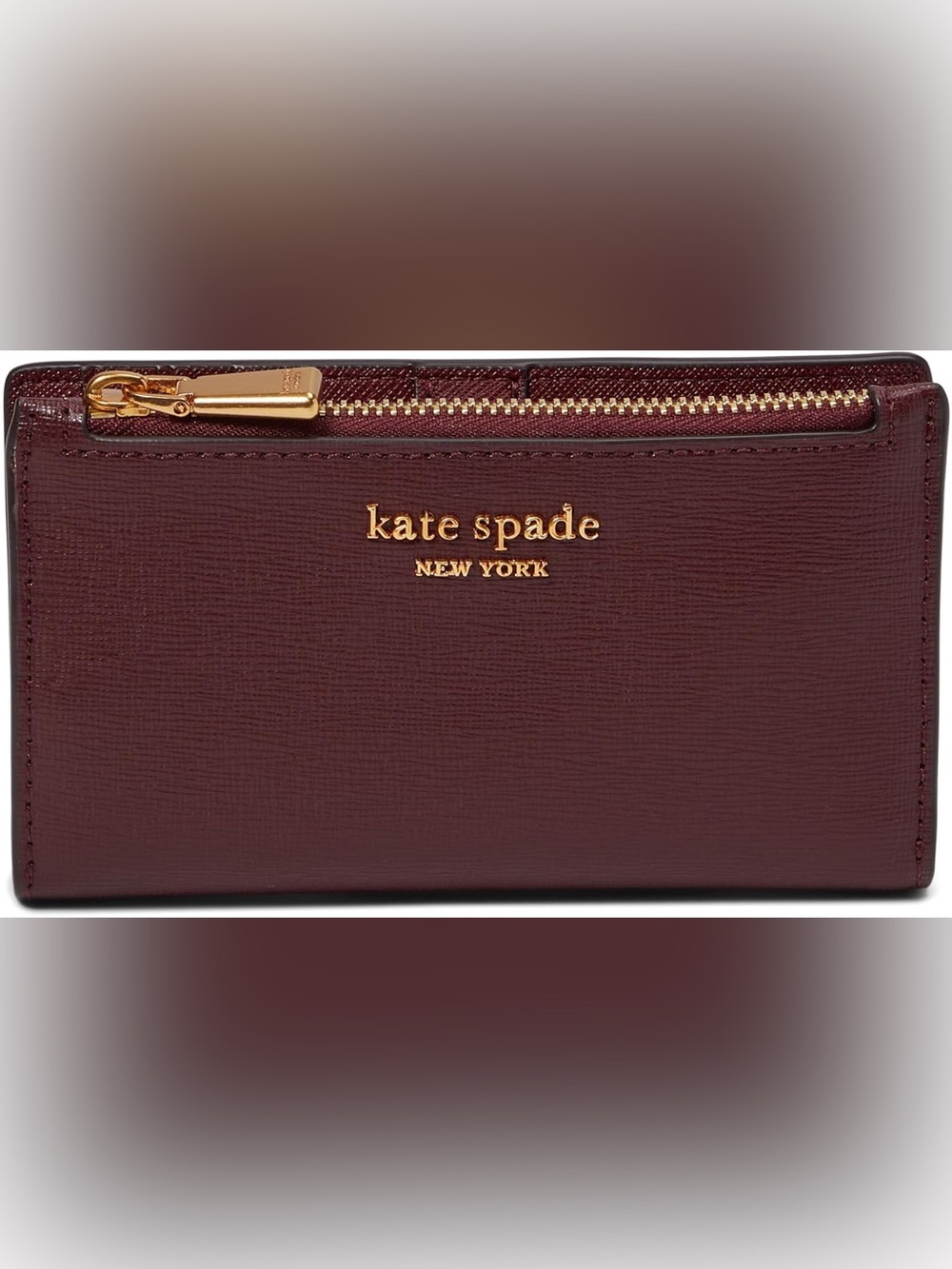 kate spade Burgundy Saffiano Leather Zip Card Wallet with Gold Hardware - Picture 2 of 7